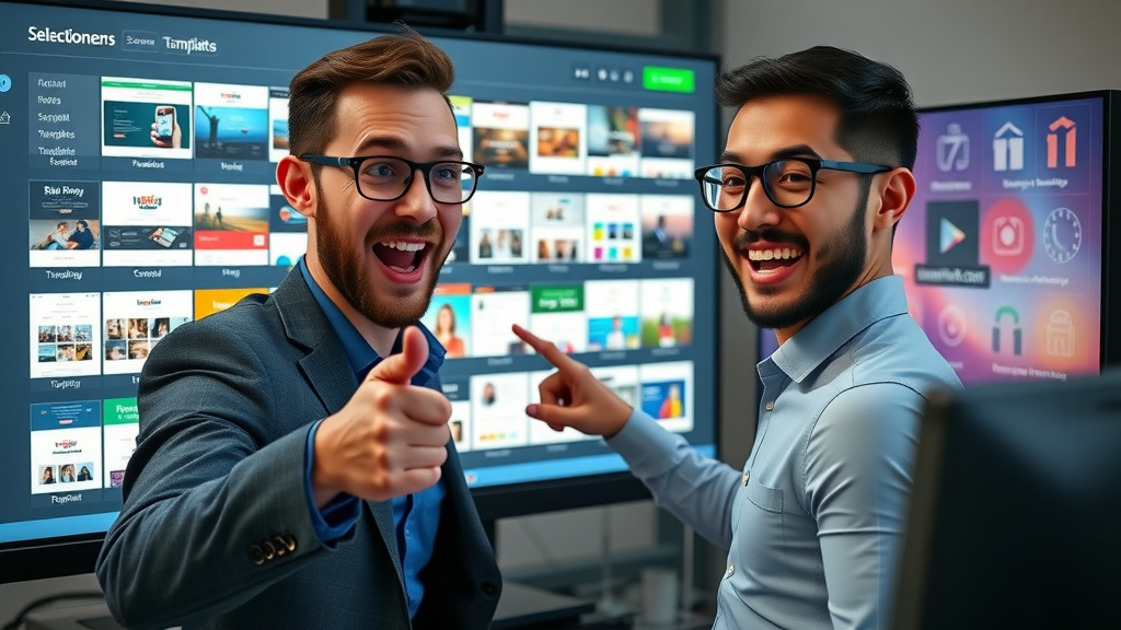 Business owner browsing and selecting colorful website templates for their business site.