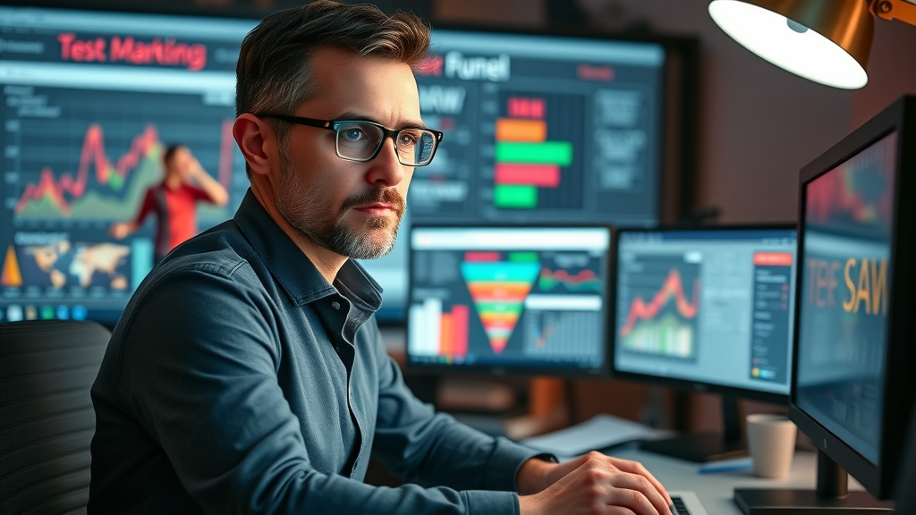 conversion rate optimization digital marketing director retargeting campaigns, high-tech office, marketing funnel graphics