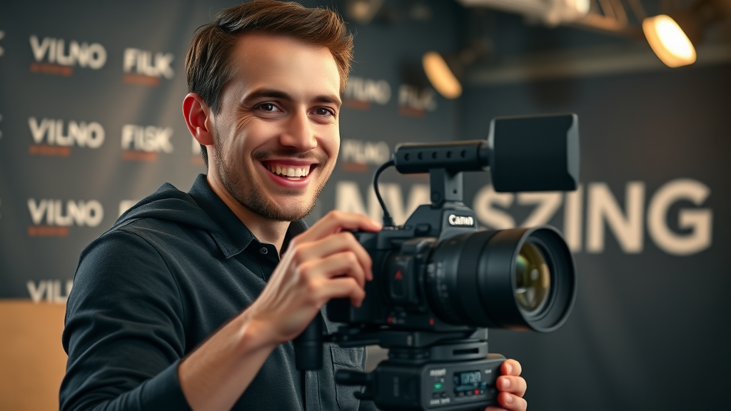 videographer filming a brand story in a modern studio with dramatic lighting