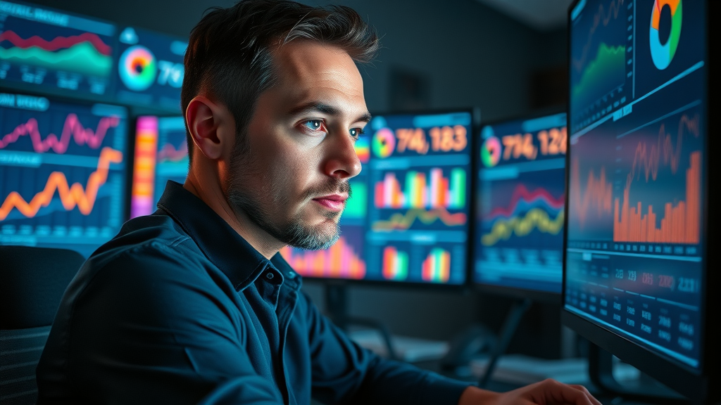 Analytical marketer interpreting campaign metrics for social media ads on multiple monitors in a dark office