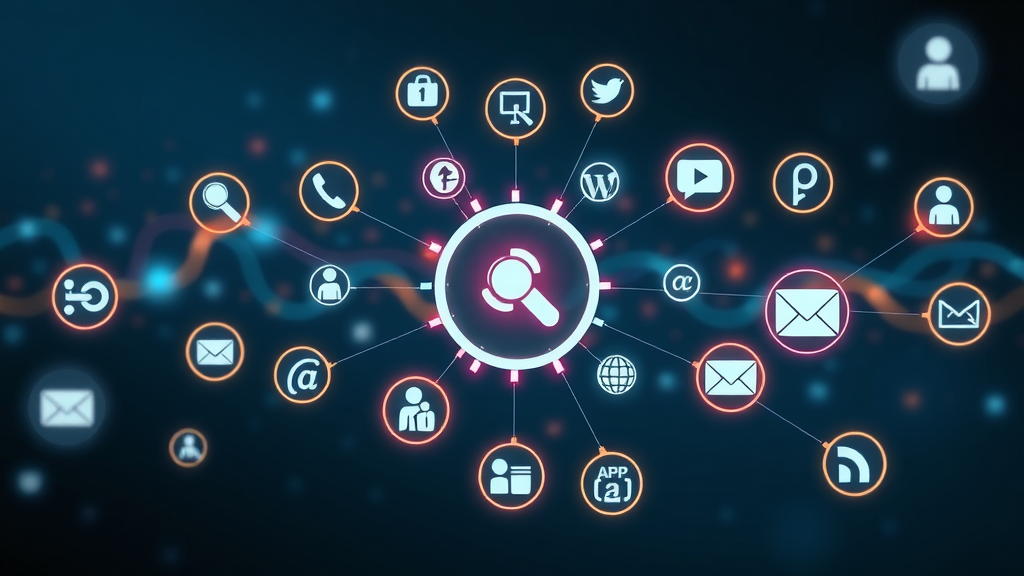 Modern digital network, icons representing acquisition channels like search, social, email, direct; connections, cinematic blue-grey background with glowing lines, 50mm lens. Faces, limbs, hands, and fingers positioned naturally. No text.