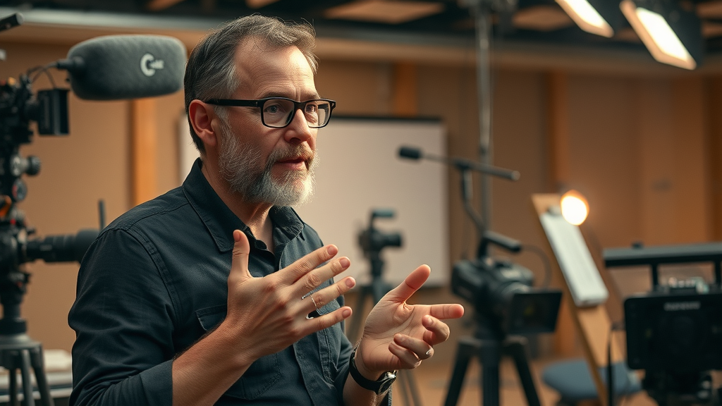 Experienced video director showing team common production errors, creative studio setup with cameras and organized checklists