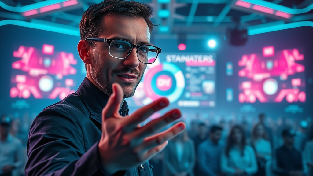Visionary digital marketer leading live video stream with interactive elements, AR effects and virtual audience reactions