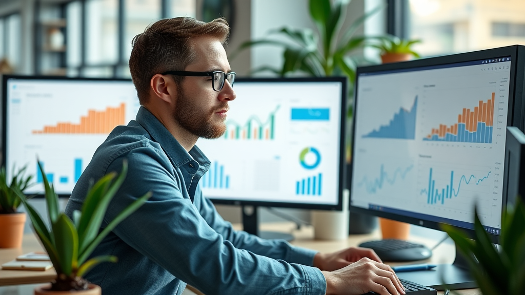 Professional digital marketing analyst at dual monitors with Google Analytics dashboard open, analyzing data in a modern workspace, plants and notepads, 35mm lens. Faces, limbs, hands, and fingers positioned naturally. No text.