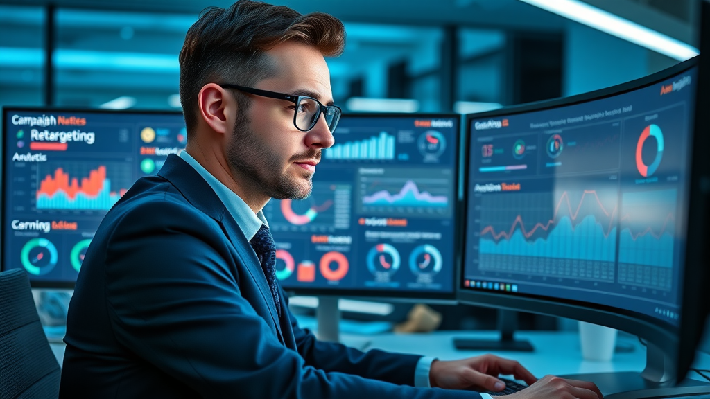 retargeting ads marketer analyzing campaign analytics dual monitors