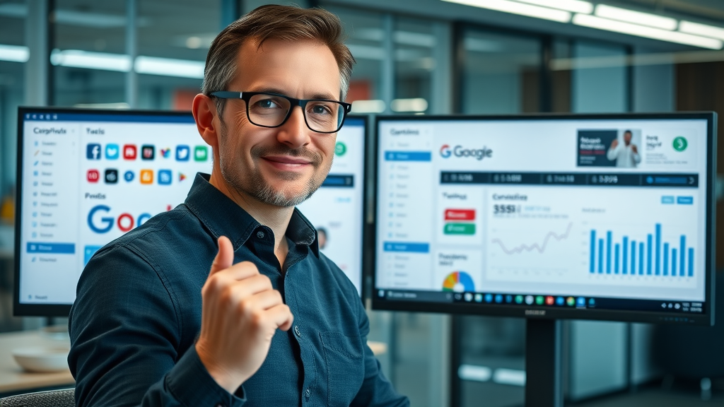 Comparative retargeting platform dashboard with a digital marketing strategist reviewing side-by-side screens of social media, Google, and third-party ad networks
