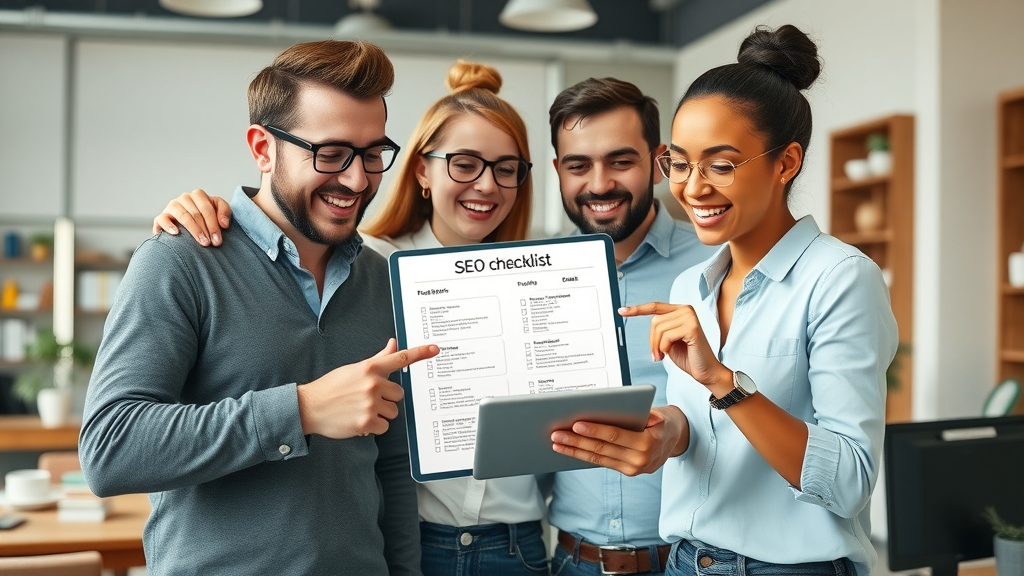 cheerful team local seo checklist digital tablet improving local rank small business