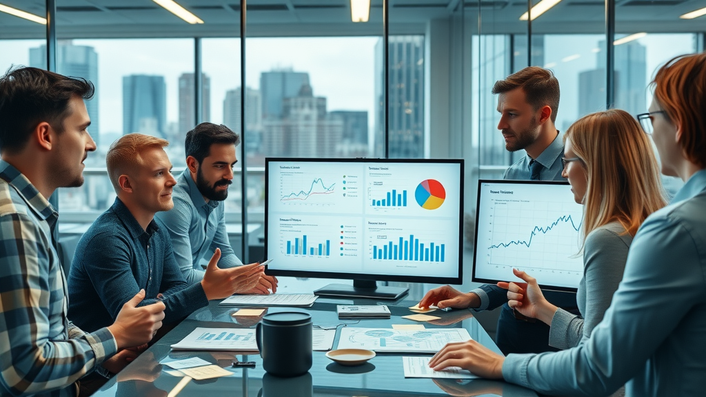 Modern office with marketers analyzing social media analytics, collaborative review of digital media updates, social media platforms