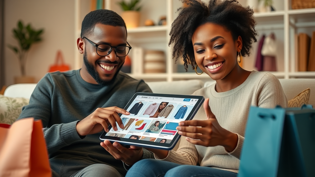 interactive video ads - diverse consumers shopping through a shoppable video ad on a tablet in a living room