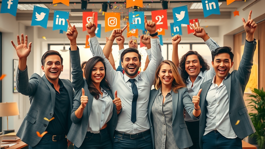 Triumphant team celebrating brand awareness success with social media marketing