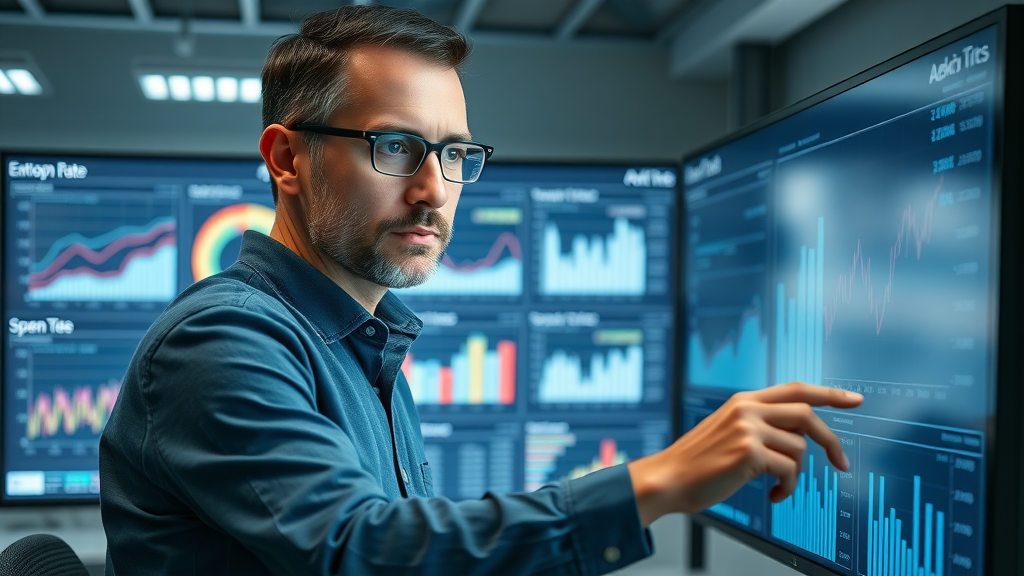 Data analyst examining email marketing campaign open rate performance metrics on dashboard