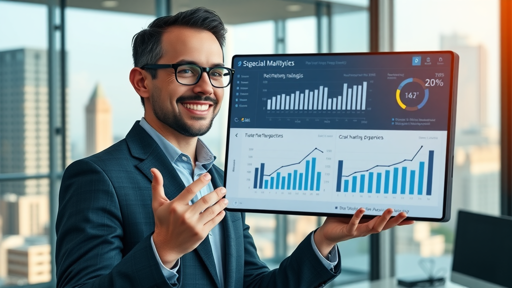 Professional marketer presenting retargeting campaign performance using a digital dashboard with analytics graphs and ROI metrics