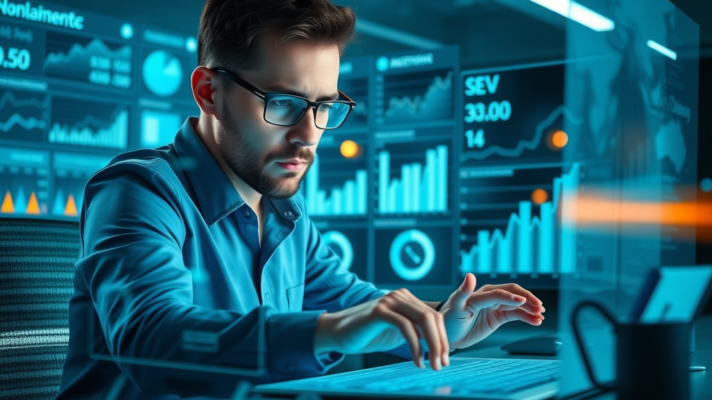 Analyst reviewing SEO tools on a website builder dashboard for enhanced business website visibility.