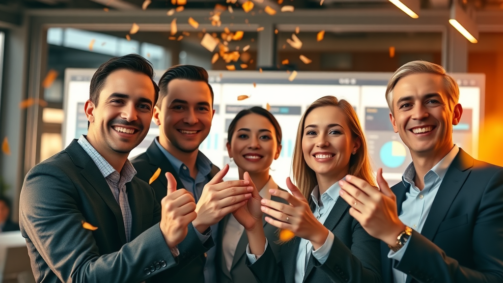 Successful business team celebrating CRM integration success with a bright integrated CRM dashboard in the background