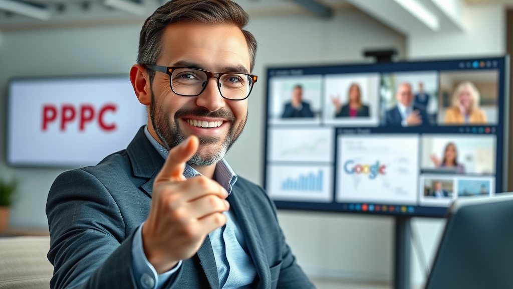 Professional PPC consultant offering expert advice over video call in a modern branded office.