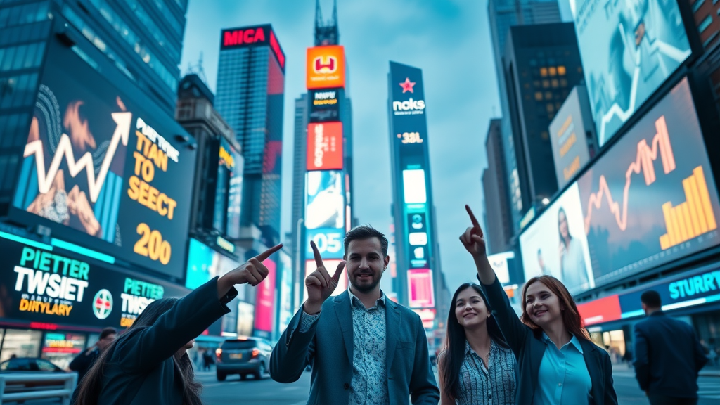 Vibrant cityscape metaphor for web traffic growth, confident marketing team reviewing analytics, glowing digital billboards and skyscrapers with dynamic graphs overlay, upward-trending charts, cool blue and neon accents, daylight with neon lighting, 35mm wide-angle lens. Faces, limbs, hands, and fingers positioned naturally. No text.
