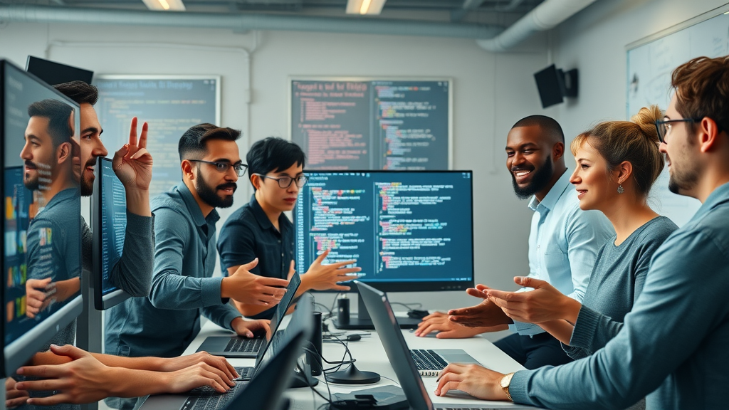Backend development team discussing programming languages and frameworks