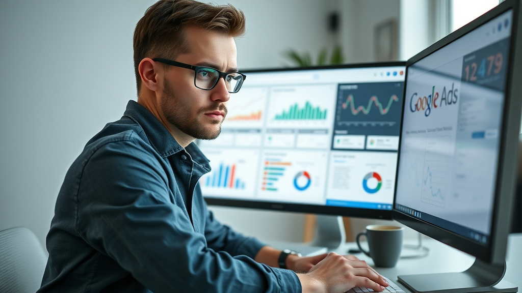 digital marketer analyzes real-time Google Ads dashboard showing paid search traffic campaign results on computer screen