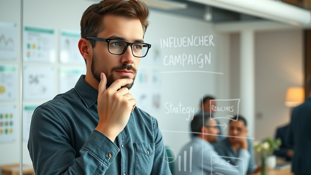 Digital marketer outlining influencer campaign strategy with collaborating team