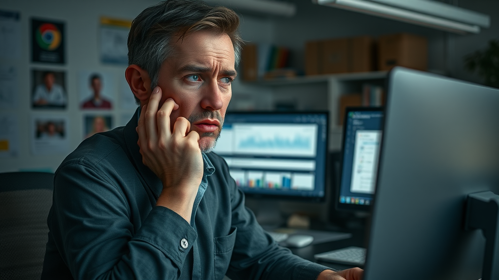marketer reviews retargeting platform errors, campaign analytics, troubled expression, cluttered office