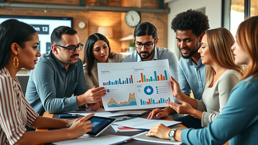 marketing team analyzing printed social media analytics report with digital screens nearby