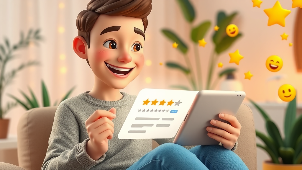 Smiling user reading glowing customer reviews for a product on a tablet during online shopping