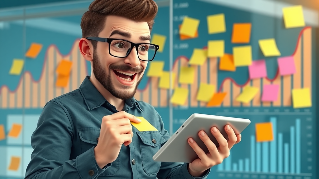 Enthusiastic digital marketer adjusting campaign strategy with sticky notes and a digital tablet, data trends in background, 3D cartoon style, 35mm lens. Faces, limbs, hands, and fingers positioned naturally. No text.