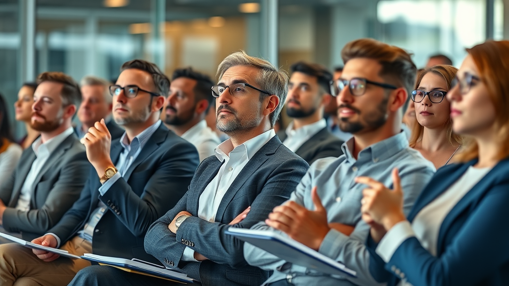Engaged professional audience listening to speaker, voice consistency in modern conference room