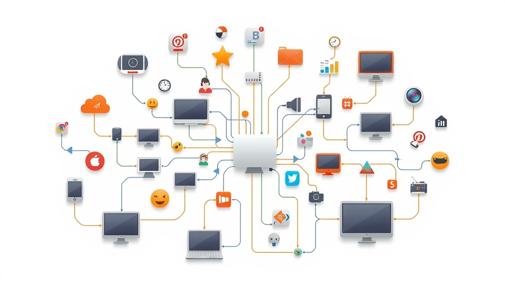 Diagram of diverse digital media platforms illustrating a multi-platform content distribution channel strategy