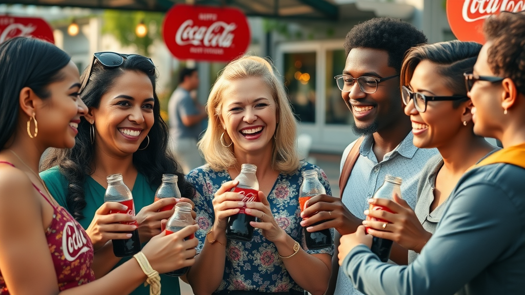 Joyful people from diverse backgrounds sharing a Coca-Cola moment, iconic brand tone