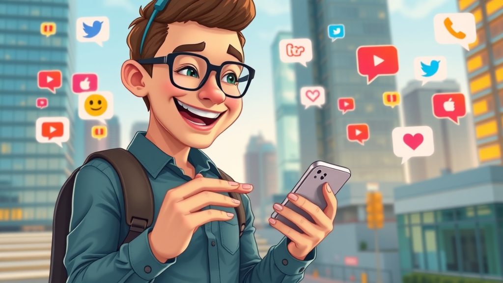 Social media manager interacting positively for online reputation management, smartphone, digital icons, urban cityscape
