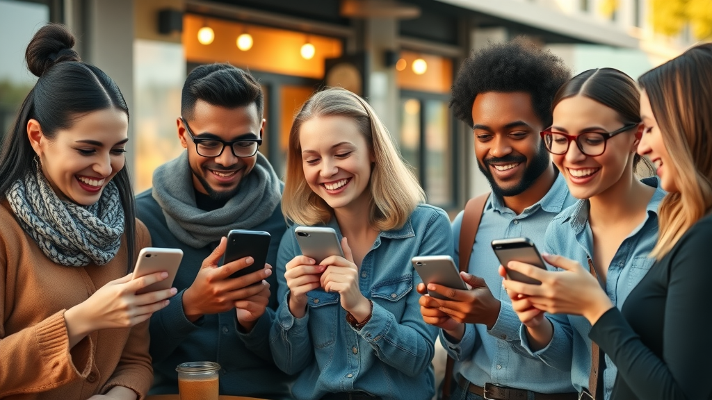 diverse customers giving 5-star online reviews for positive reputation