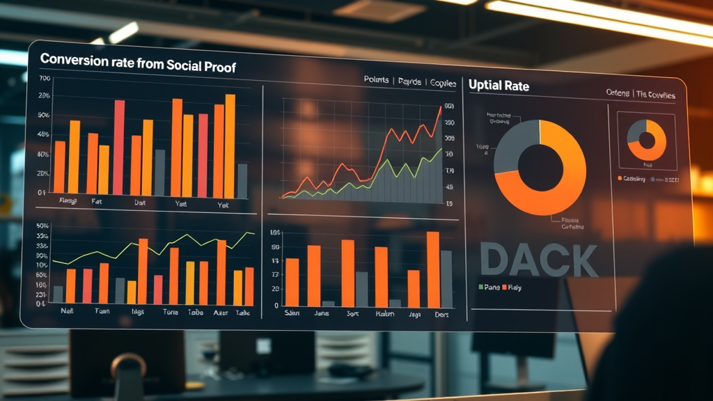 Business analytics dashboard with dynamic graphs showing conversion rate uplift from social proof in a sleek tech office