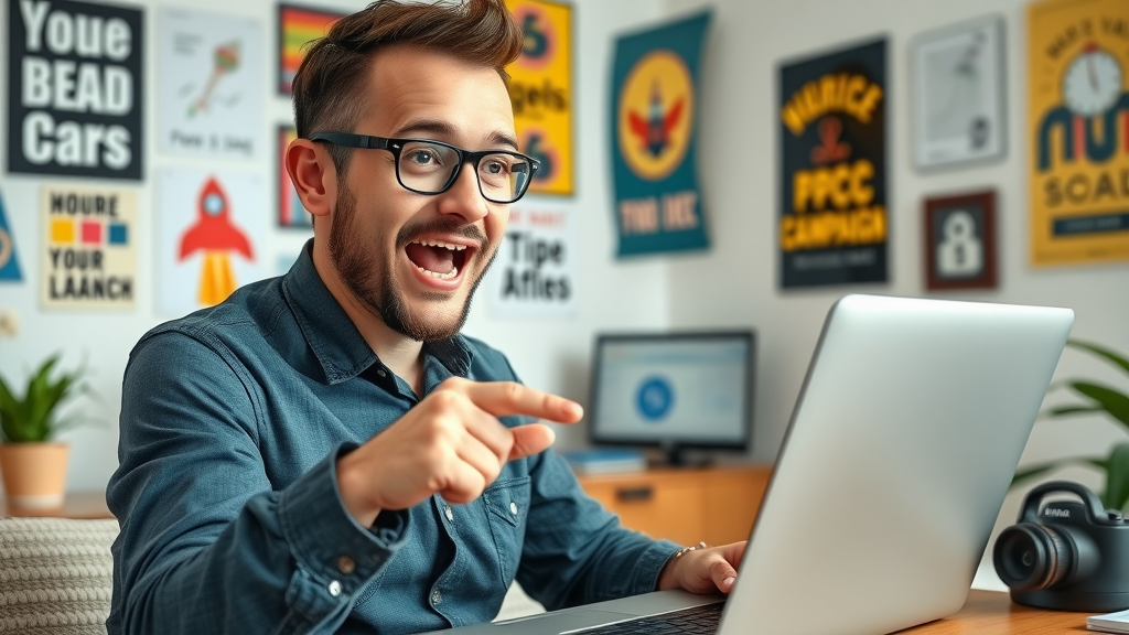 Motivated business owner excitedly launching a pay-per-click campaign on Google Ads in a vibrant home office.