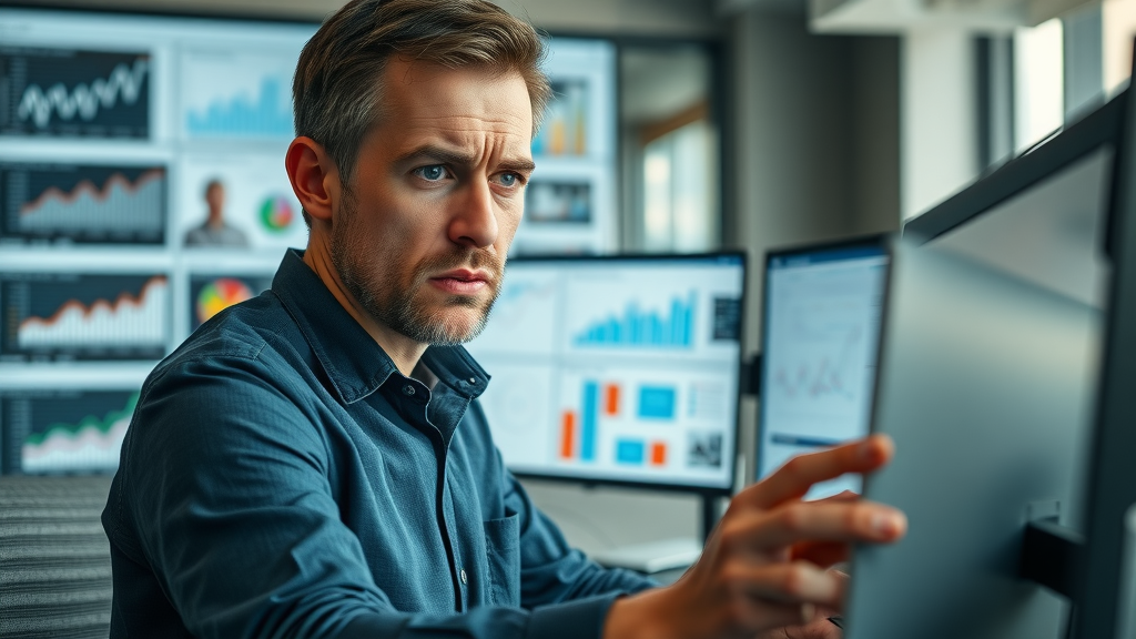 Frustrated marketer reviewing poor digital marketing analytics, low-performing charts on screen, showing digital marketing campaign mistakes.