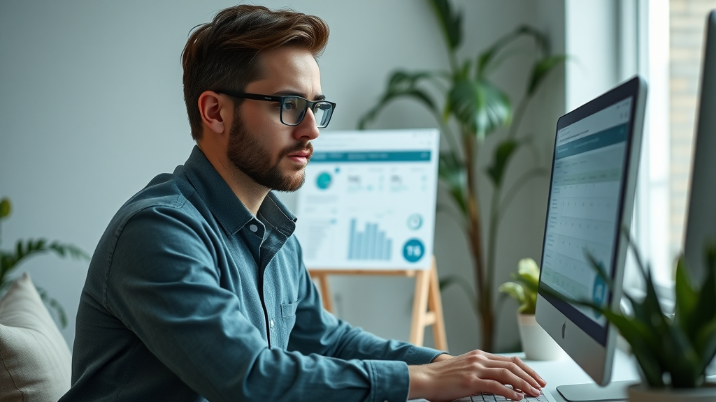 conversion rate optimization web analyst reviewing A/B test results, modern workspace, desktop, subtle green palette