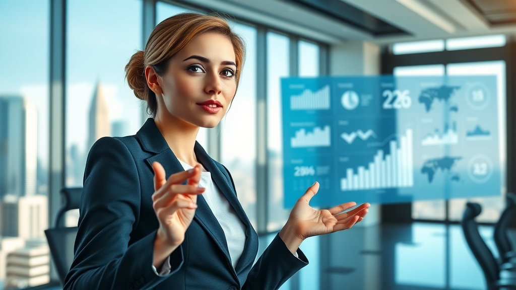 conversion rate optimization businesswoman presenting data insights, digital screen, corporate boardroom, data charts, city skyline