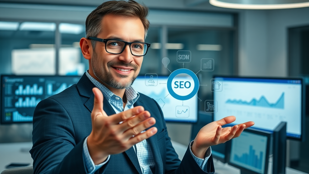 dynamic digital marketer presenting link building strategies SEO analytics diagram
