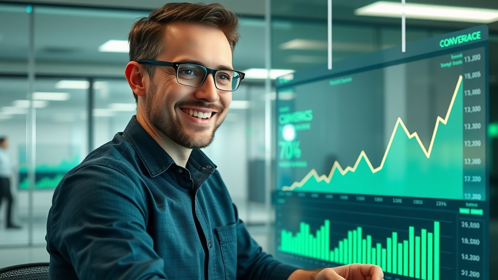 marketing manager reviews predictive analytics dashboard showing conversion rates