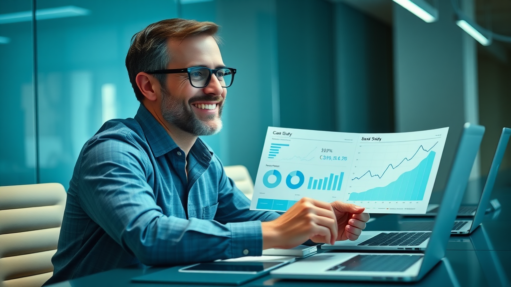 Brand manager reviewing successful search engine marketing case study results