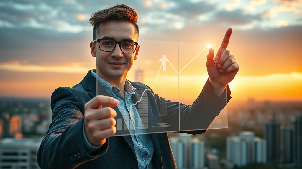 entrepreneur showing growth from competitive analysis with rising arrow