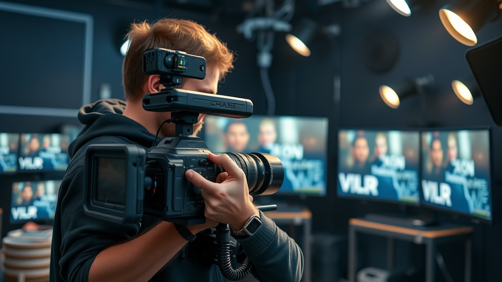 video production - Professional camera operator in a modern video studio with brand elements
