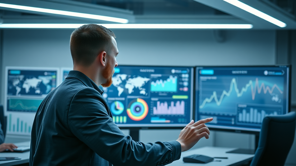 video marketing strategies - Digital marketing workspace with a marketer analyzing video analytics on a large monitor
