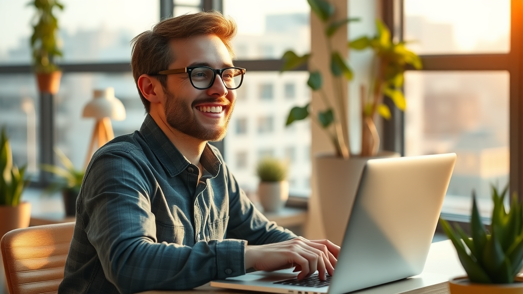 Startup founder joyfully launching a new website using free website builder tools.