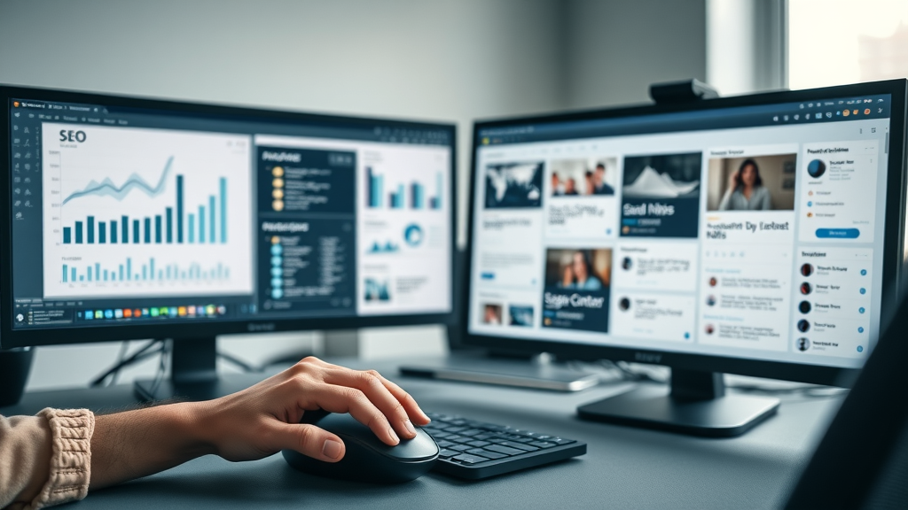 seo content optimization digital workspace, concept icons for editing and analytics, content creation, organized interface