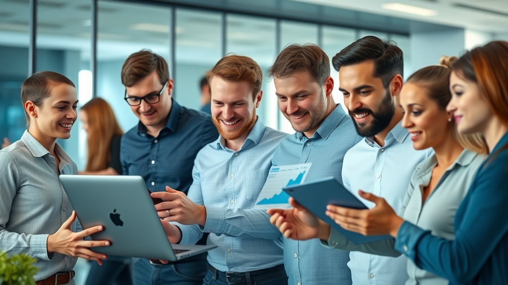 Marketing team using artificial intelligence marketing tools in office with data visualizations
