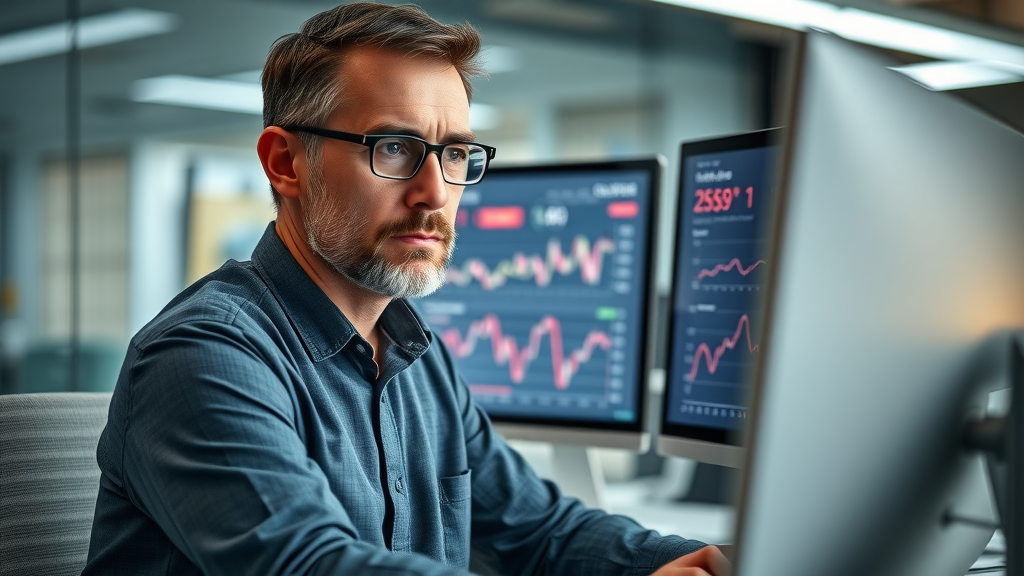 serious analyst reviewing conflicting data points on dual monitors to spot mistakes in content metrics