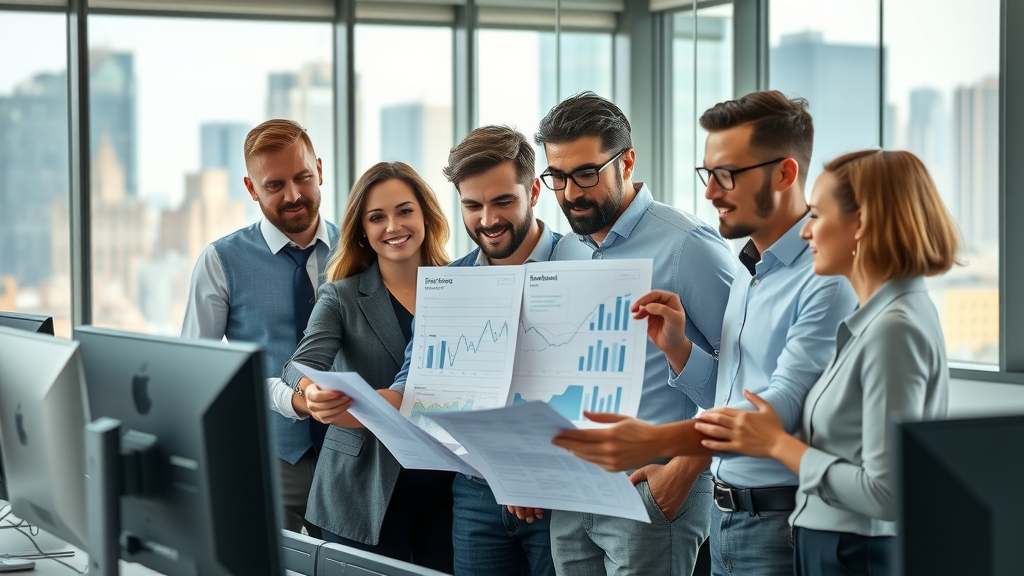 dynamic marketing team in modern office analyzing charts and digital screens for content marketing trends