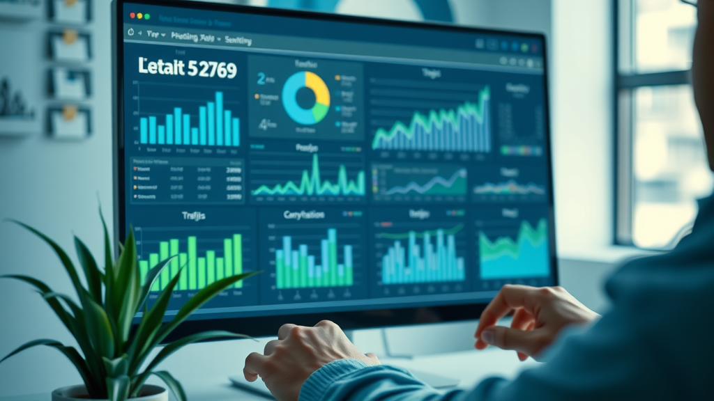clean data visualization digital dashboard displaying charts and graphs for traffic, bounce rate, and conversion metrics