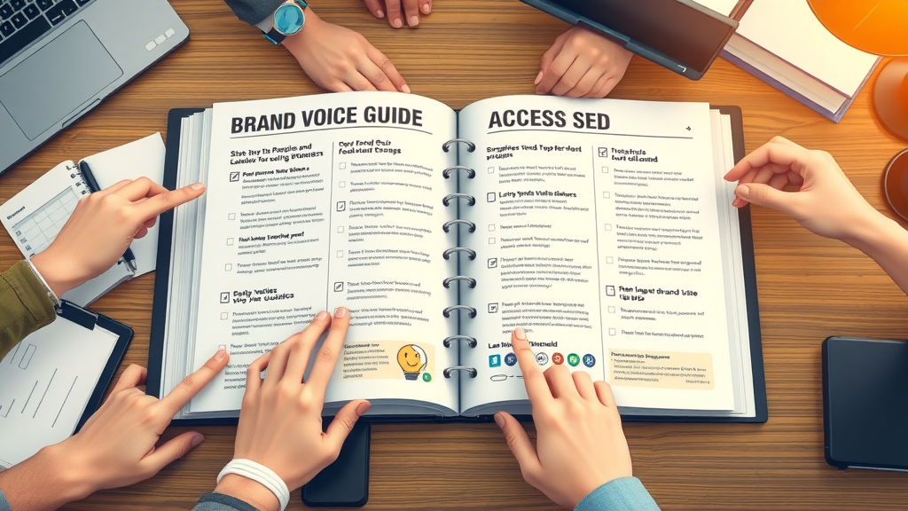 Step-by-step brand voice guide with clear diagrams and icons